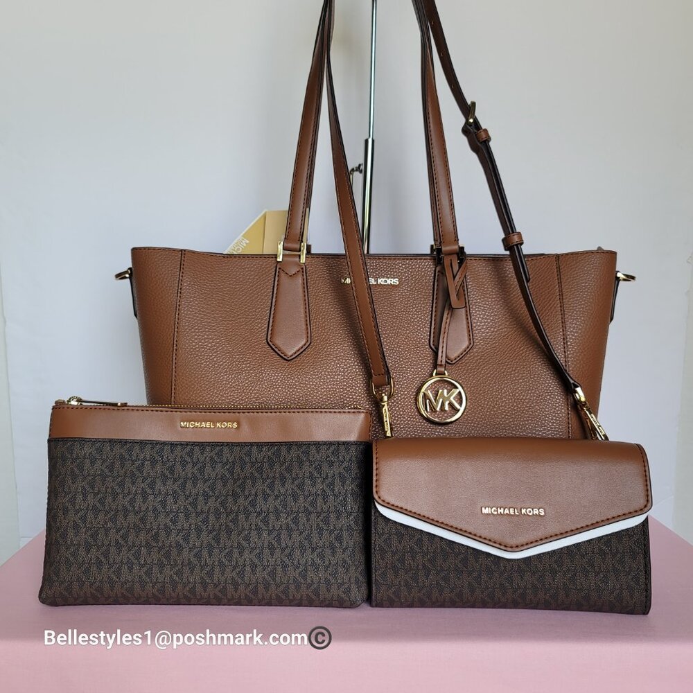 MICHAEL KORS Kimberly Embossed (PU) Large 3-in-1 Tote SET- Brown/Luggage 🎈$198.